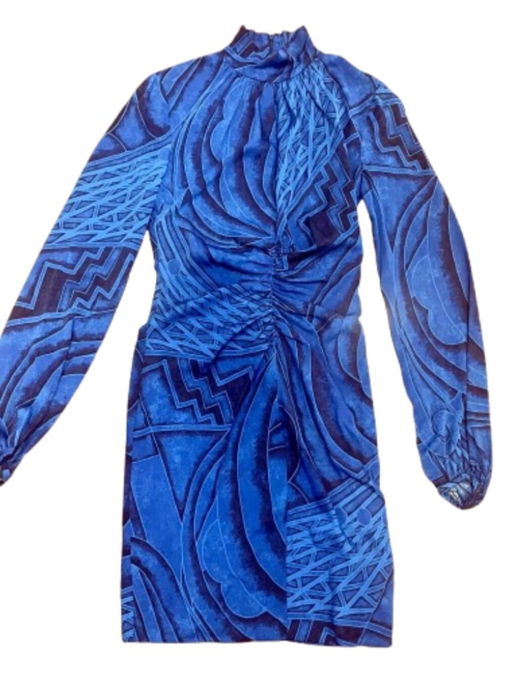 Emilio Pucci Blue Geometric Print Silk Ruched Mock Neck Mini Dress NWT 44 10